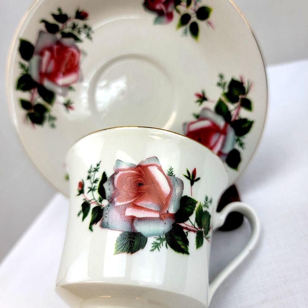 Darice Brand Tea Cup And Saucer Set with Rose Design and Gold Trim  No Flaws